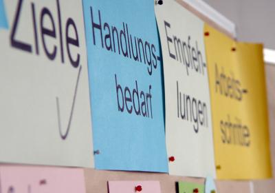 Stellwand mit Zetteln: Ziele, Handlungsbedarf, Empfehlungen und Arbeitsschritte