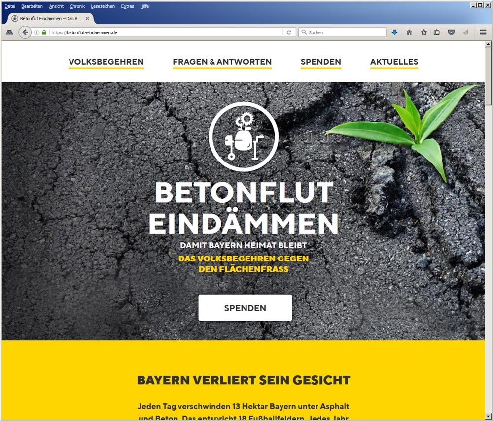 Internetseite zum Volksbegehren gegen den Flächenfraß in Bayern